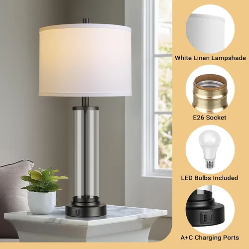 Vista 6 de QiMH Juego de 2 lámparas de mesa con control táctil con puertos USB, lámpara de noche regulable de 3 vías para sala de estar, dormitorio, casa
