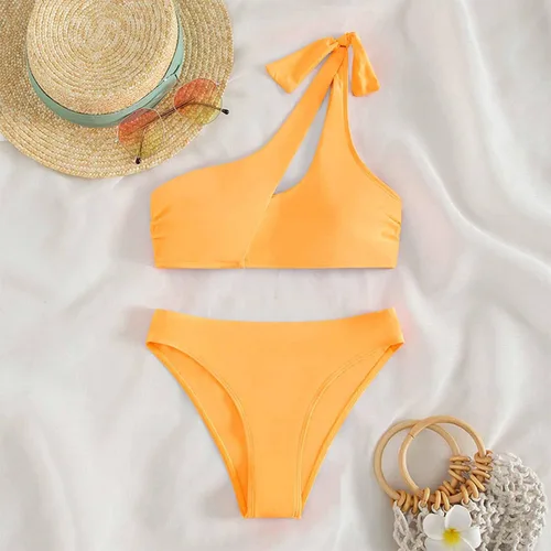 Vista 2 de Conjunto de bikini de cintura alta para mujer, cuello en V, tirantes delgados, traje de baño de dos piezas, traje de baño triangular