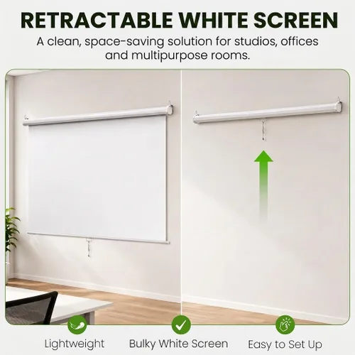Vista 3 de Estilo más amplio: pantalla blanca KHOMO Gear de 84 x 84 pulgadas, telón de fondo extraíble extragrande, pantalla de proyector enrollable plegable