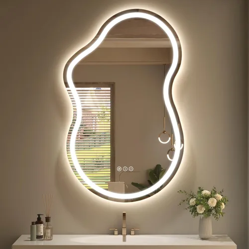 Vista 20 de SMIROR Espejo de Baño Retroiluminado Irregular con Luces 20 x 32, Espejo de Tocador con Luz LED Asimétrica en Forma de Nube para Pared