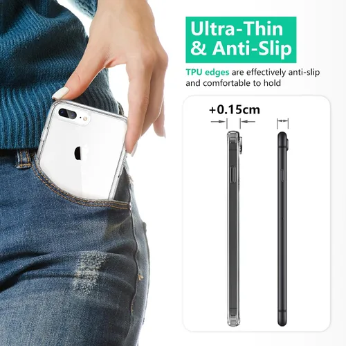 Vista 8 de ONES Funda delgada transparente para iPhone 8 Plus/7 Plus, PC + TPU híbrido, protección contra caídas de grado militar [antiamarillamiento], funda