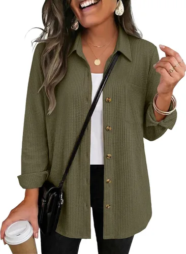 Vista 18 de Zeagoo Camisa de punto gofre para mujer, con botones, manga larga, con 01-albaricoque