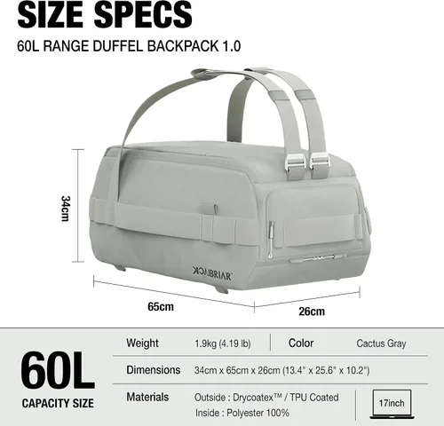 Vista 3 de Blackbriar Range Duffel - Mochila convertible de 60 litros color gris cactus, con acceso magnético patentado, partición modular en S, garaje