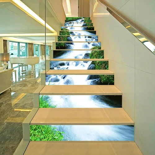 Vista 3 de Yuehuam Calcomanías de escalera de cascadas, 13 unidades, autoadhesivas 3D, elevadores de cascada, paisaje natural, para pared, vinilo impermeable