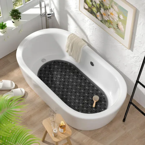 Vista 8 de HITSLAM Tapete antideslizante para bañera, 27 x 15 pulgadas, con ventosas y orificios de drenaje, lavable a máquina, ovalado, para niños, personas