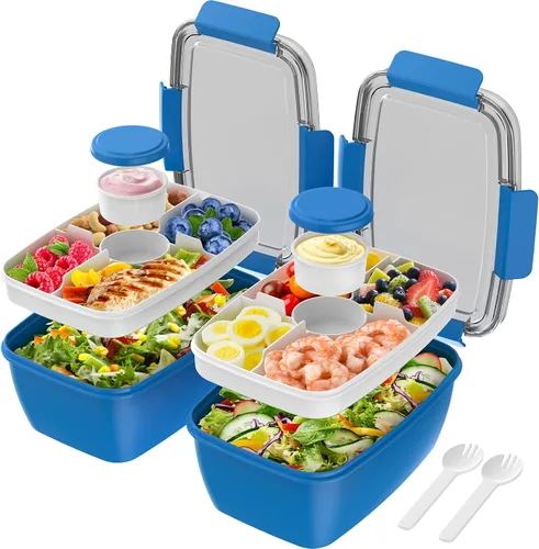 Vista 12 de Cherrysea Lonchera para ensalada, paquete de 2 tazones con 3 compartimentos, a prueba de fugas con tenedor y contenedor de salsa - Verde+Rosa