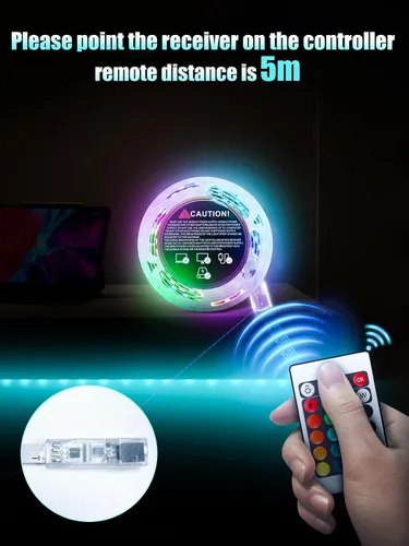 Vista 2 de Tira de luces LED, tiras de luz RGB de 5 V que cambian de color con control remoto, luces LED flexibles alimentadas por USB para dormitorio, TV
