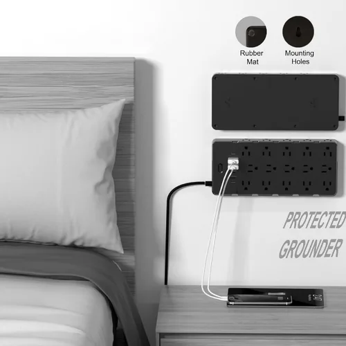 Vista 9 de Regleta de Alimentación de Protección contra Sobretensiones de Servicio Pesado - 25 Tomas de CA, 6 Puertos USB, Protección 4000J, Cable de Extensión