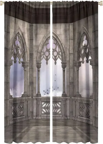 Vista 26 de Cortinas góticas con diseño de luna de Halloween, historia, puerta espeluznante, fondo de terror, vela, ficción, patrón de impresión, sala de estar