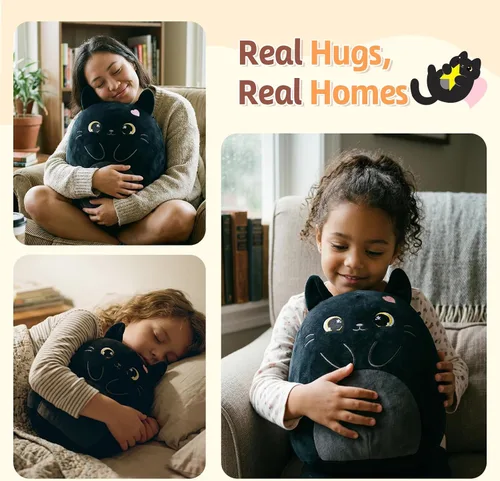 Vista 5 de PEACH CAT Animal de peluche original de gato negro de 12 pulgadas, lindo gatito de peluche, juguetes de peluche suaves, regalos para niños