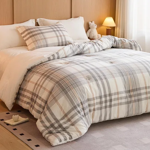 Vista 14 de Juego de edredón 100% algodón tamaño matrimonial, diseño reversible teñido de hilos a cuadros, suave algodón lavado en ambos lados, ropa de cama