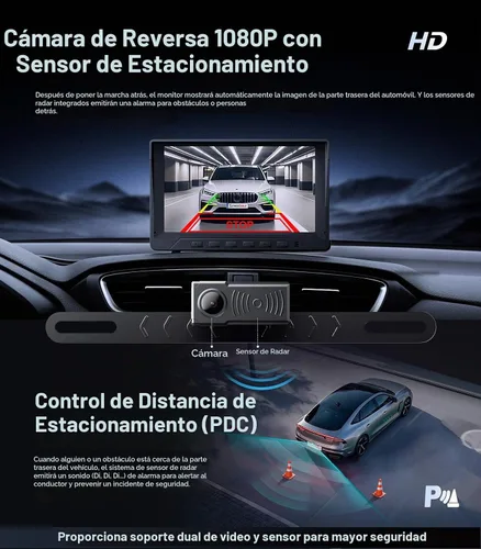 Vista 2 de Cámara de Respaldo 1080P con Sensores de Respaldo Sistema de Control de Distancia de Estacionamiento (PDC), Cámara de Respaldo Impermeable Visión