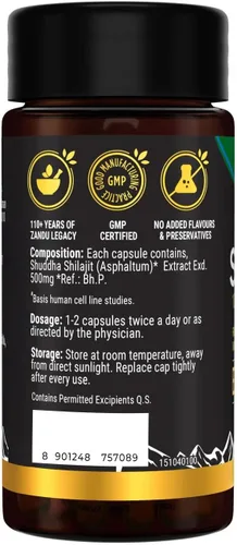 Vista 9 de Zandu Cápsulas Shilajit (60 cápsulas) infundidas con bondad de extractos naturales de Shilajit para mejorar la energía y la fuerza en los hombres
