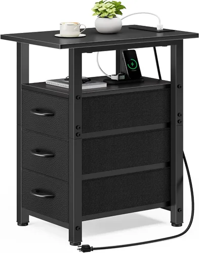 Vista 13 de Vagusicc Mesita de noche negra con estación de carga y luces LED, mesa auxiliar estrecha, mesita de noche LED con 3 cajones de tela para dormitorio