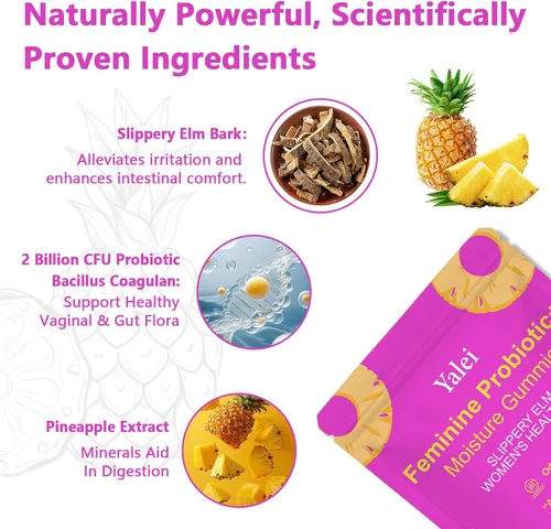 Vista 3 de Gomitas de gatito resbaladizo sus jugosas gomitas de probióticos femeninos Apoya el equilibrio del pH y la salud digestiva, olmo resbaladizo