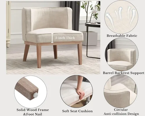 Vista 7 de Silla de barril beige con marco de madera maciza, silla decorativa redonda pequeña, cómoda silla de lino para sala de estar