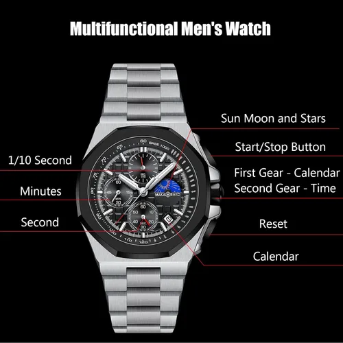 Vista 3 de RORIOS Elegante reloj de pulsera analógico de cuarzo con correa de acero inoxidable, cronógrafo multifunción para hombre