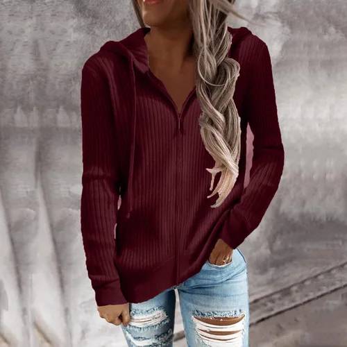 Vista 3 de UODSVP Tops de lino para mujer, a la moda, con cierre de cremallera, casual, manga larga, con capucha, abrigo