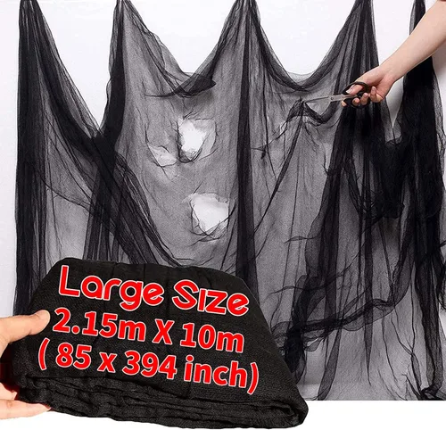 Vista 2 de Zesliwy Paño espeluznante negro espeluznante de Halloween: 85 * 394 pulgadas gasa gigante de miedo gasa para fiesta temática de Halloween, hoouse