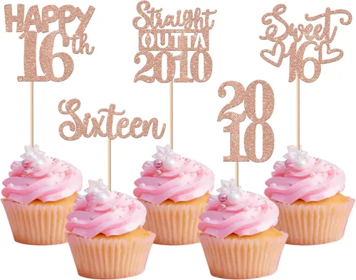 Vista 120 de 30 piezas negras para cupcakes de 10.º cumpleaños con purpurina Ten Happy 10 Straight Outta 2016 para saludos a 10 años 10 cumpleaños, boda Negro