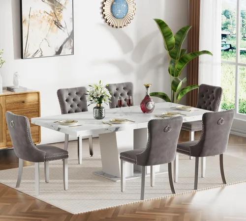 Vista 20 de Henf Juego de mesa de comedor extensible de 78 pulgadas para 6 mesas rectangulares de madera de 7 piezas con 6 sillas tapizadas de terciopelo, mesa