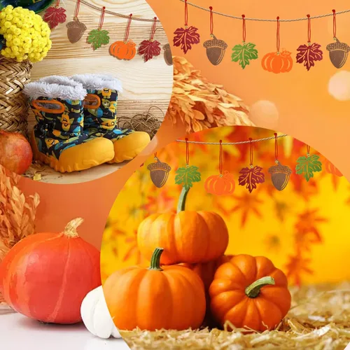 Vista 5 de yueton 32 adornos colgantes de otoño, hojas de arce, calabaza, bellota, decoraciones de otoño con campana y cuerda para el hogar, Halloween, Acción