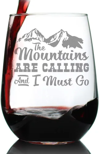 Vista 6 de Custom The Mountains Are Calling And I Must Go - Personalized Stemless Wine Glass - Fun Mountain Themed Gift or Décor - Large 17 Ounce - Customized