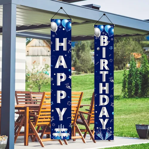 Vista 4 de Turypaty Cartel de feliz cumpleaños azul plateado para hombres y niños, cartel de feliz cumpleaños, porche, suministros de fiesta, decoración