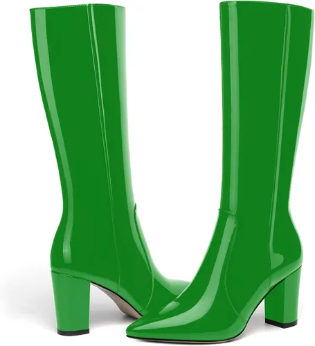 Vista 167 de AMBELIGHT Botas altas hasta la rodilla con cremallera y puntera puntiaguda para mujer, de patente sólida, tacón alto, 3.3 pulgadas
