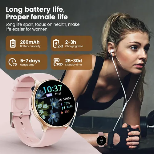 Vista 5 de Relojes inteligentes para mujer con rastreador de ciclo menstrual, reloj inteligente HD de 1.39 pulgadas, monitor de frecuencia cardíaca/sueño