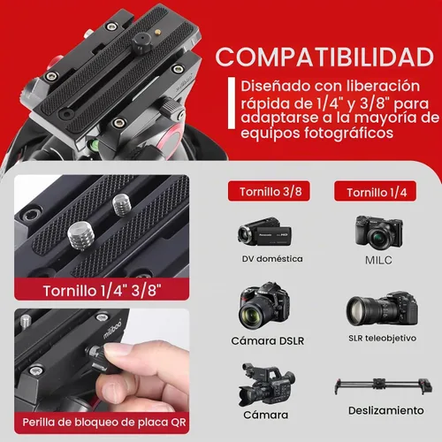 Vista 4 de Miliboo MTT602II-AL - Trípode de cámara alta de 76.4 pulgadas con cabezal fluido de aluminio Carga 22 libras, cuenco de 2.953 in, altura plegada
