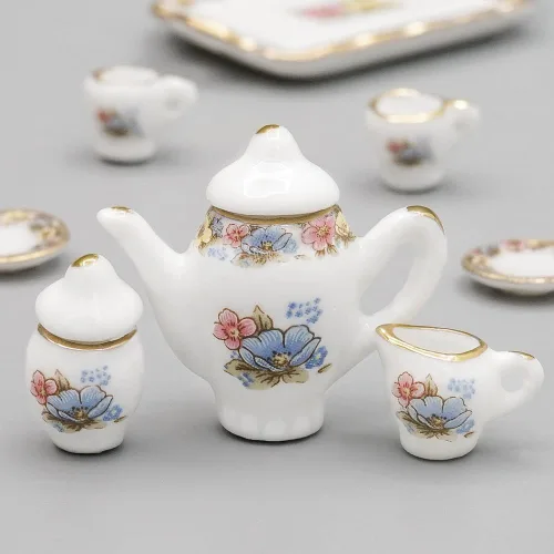 Vista 6 de Odoria Juego de té de porcelana en miniatura 1/12, 8 piezas, accesorios de decoración de casa de muñecas