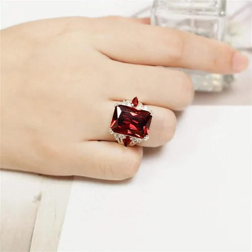 Vista 3 de Anillo de cóctel vintage de plata de ley 925 con rubí, anillo de cóctel de circonita cúbica roja, anillo de compromiso de eternidad, anillo de boda