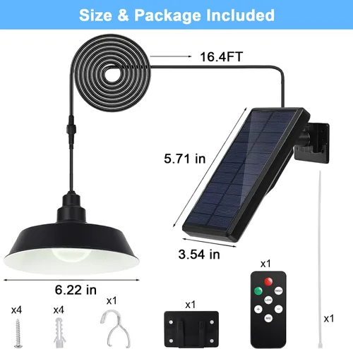 Vista 7 de Luces colgantes solares para exteriores, luz solar para cobertizo con panel ajustable de 360°, iluminación regulable con control remoto, cable