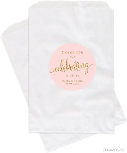 Vista 19 de Andaz Press Bolsas de regalo personalizadas para mesa de postre, agradecimiento por celebrar con nosotros, aguamarina, paquete de 24, personalizadas
