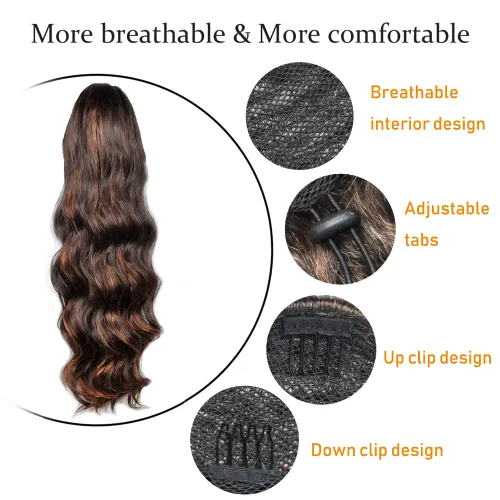 Vista 5 de KETHBE Extensión de cola de caballo de 24 pulgadas de longitud, onda corporal, con clip, extensiones de cabello ondulado sintético para mujer (4-30#)