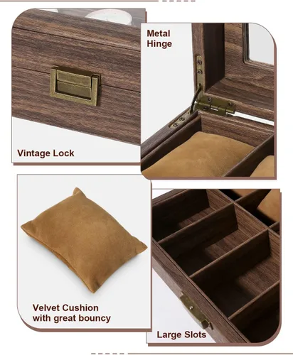 Vista 5 de Uten Caja de reloj con 10 ranuras, organizador de caja de reloj con tapa de vidrio real, caja de almacenamiento de cuero sintético de grano