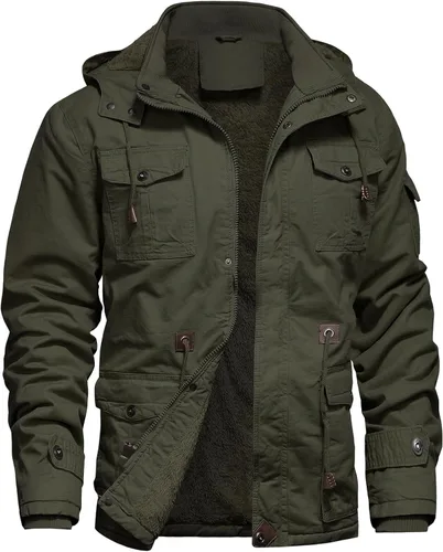 Vista 8 de Chaqueta de invierno para hombre, chaqueta militar, chaqueta tipo cargo con forro polar, chaqueta cálida con capucha desmontable, chaqueta