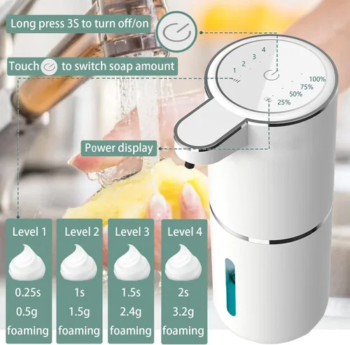 Vista 2 de Dispensador automático de jabón 2P, dispensador de jabón espumoso sin contacto de 13.5 fl oz, dispensador recargable por USB, eléctrico montado