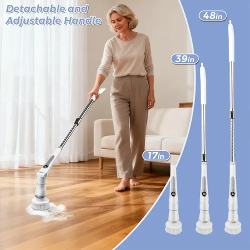 Vista 3 de Joyzan Limpiador eléctrico giratorio, cepillo de ducha de limpieza inalámbrico, 8 cabezales limpiadores, pantalla LCD, mango de extensión ajustable