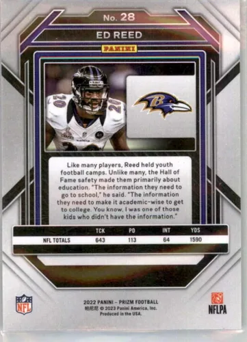 Vista 2 de 2022 Panini Prizm Football #28 Ed Reed Baltimore Ravens Official NFL Trading Card (Stock Photo shown, card is in Near Mint to Mint Condition)