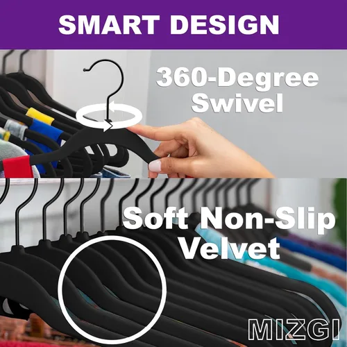 Vista 3 de MIZGI Paquete de 30 Perchas de Terciopelo Totalmente Negras, Fieltro Flocado Premium Antideslizante para Ropa, Perchas Negras Resistentes