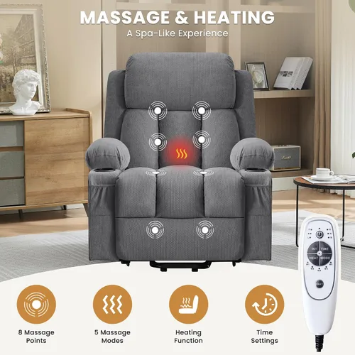 Vista 9 de Silla reclinable de gran tamaño con masaje y calor para ancianos, silla reclinable extra ancha con bolsillo lateral, silla elevadora eléctrica con 2