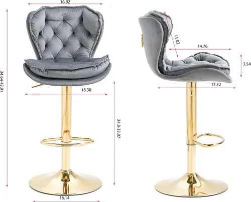 Vista 2 de Set of 2 Stools,with Footrest,Velvet,Metal Leg, Upholstered,Base Swivel, Height Adjustable,Comfortable Seating,with backrest,Living Room, Dining