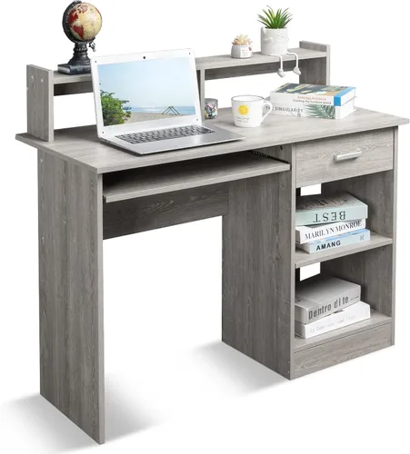 Vista 9 de Karl home Escritorio para ordenador de estudio y escritura, mesa para PC y portátil de madera para oficina en casa con estante de cajón, bandeja