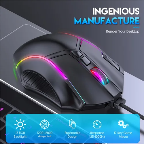 Vista 2 de EBTOOLS Ratón para juegos, 12 botones programables, luces RGB de 12800 DPI, diseño ergonómico, con cable de 5.9 ft, para computadora portátil y PC