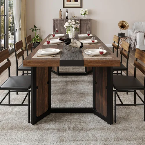 Vista 10 de knoworld Mesa de comedor industrial para 6-8 personas, mesa de cocina grande de madera larga de 71 pulgadas con marco de metal resistente y acabado
