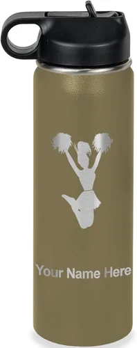 Vista 49 de LaserGram Botella de agua con tapa abatible de doble pared de 12 onzas con pajita, animadora, grabado personalizado incluido (negro)