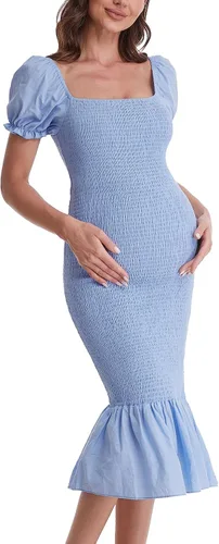 Vista 4 de Vestido de maternidad de verano a media pierna, manga corta abombada, cuello cuadrado, dobladillo con volantes, vestido de sirena para baby shower