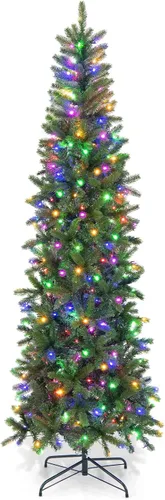 Vista 14 de GOFLAME Árbol de Navidad preiluminado de 5 pies, árbol de Navidad artificial con 180 luces LED, 10 modos de luz, 390 puntas de rama, soporte